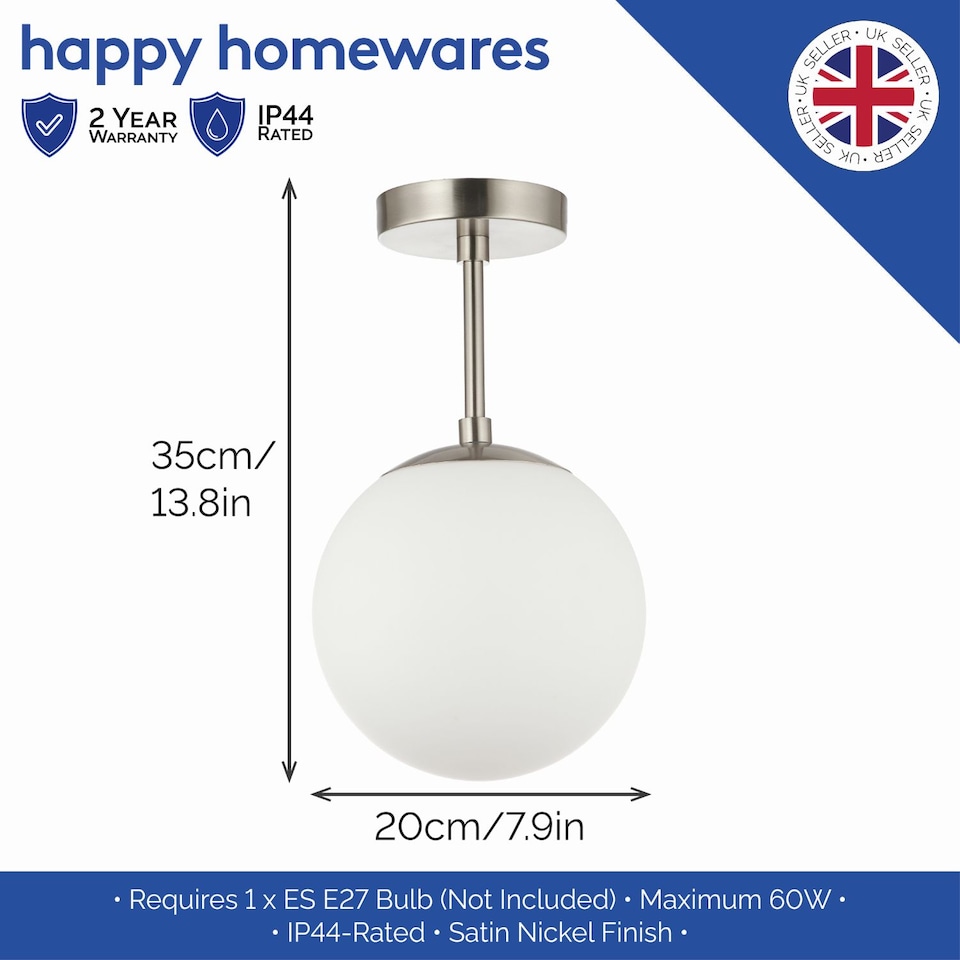 image 1 of Traditional Glass Globe IP44 Bathroom Ceiling Light Fixture in Satin Nickel | Silver | Satin Nickel | 1