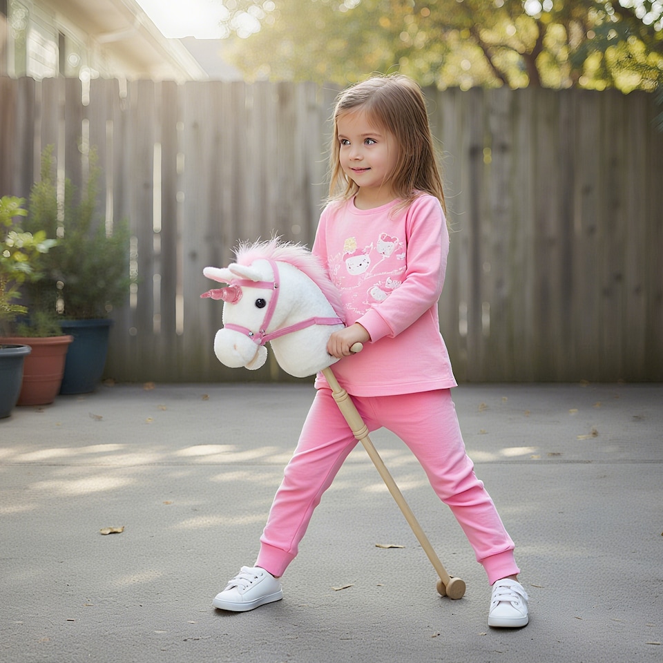 image 1 of AIYAPLAY Stick Horse w Wood Wheels, Pony Neighing, Galloping Sounds White