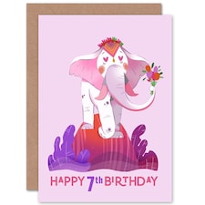 Elephant Flowers Cartoon Age 7 Year Old Child Kids 7th Birthday Card