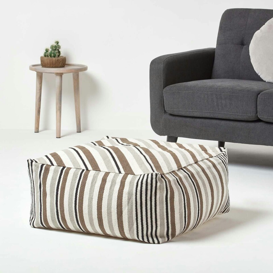 image 1 of Homescapes Grey, Black and White Stripe Beanbag Cube Pouffe Large - 60 x 60 x 30 cm | Grey | 60 x 60 x 30 cm