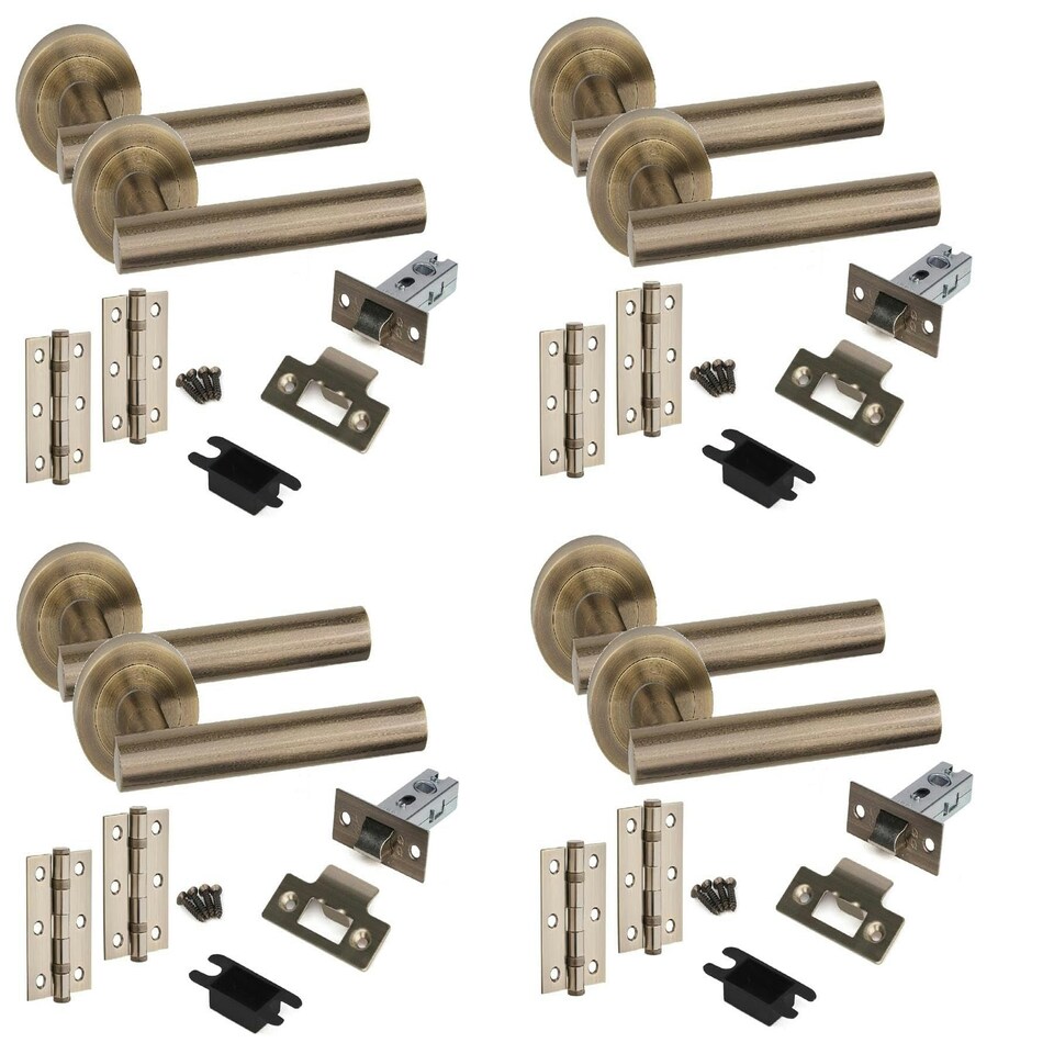 image 1 of Golden Grace 4 Sets Straight T-Bar Design Door Handles in Antique Brass Finish with Tubular Latch and 1 Pair of 3" Ball Bearing Hinges Gold