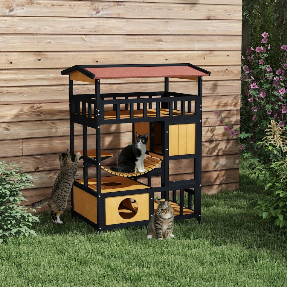 image 1 of PawHut Outdoor Cat House w/ Suspension Bridge, Houses, Balcony
