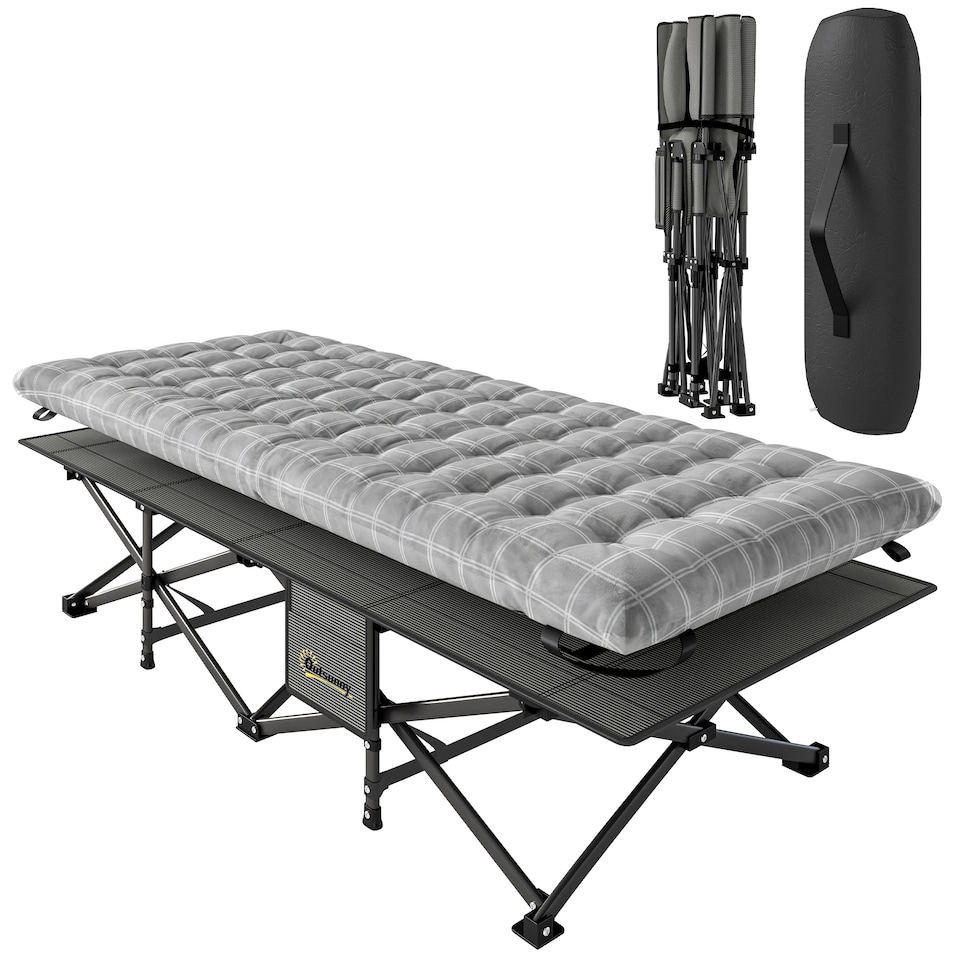 image 1 of Outsunny Camping Cot Heavy Duty Folding Bed with Soft Pad | Grey | Grey | Oversized/Full-Sized
