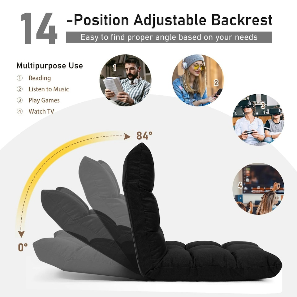 image 1 of COSTWAY 14-Position Adjustable Floor Chair Lazy Sofa Black Black
