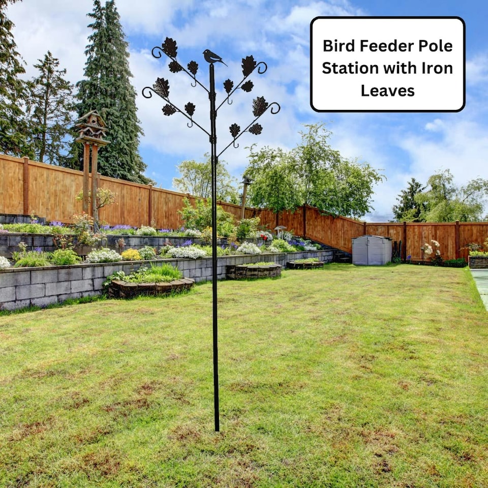 image 1 of Marco Paul Wild Bird Feeder Pole Station with Iron Leaves and 4 Adjustable Branches