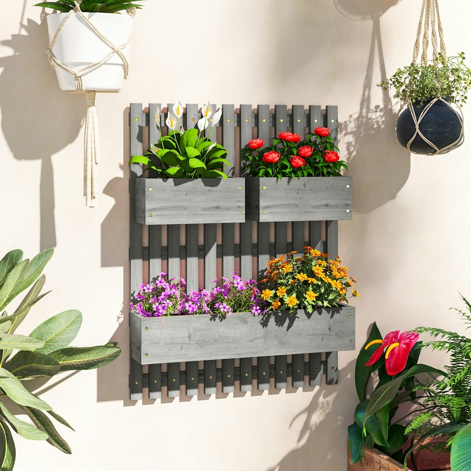 image 1 of Outsunny Wooden Garden Planters with Trellis Wall-mounted Raised Bed Grey