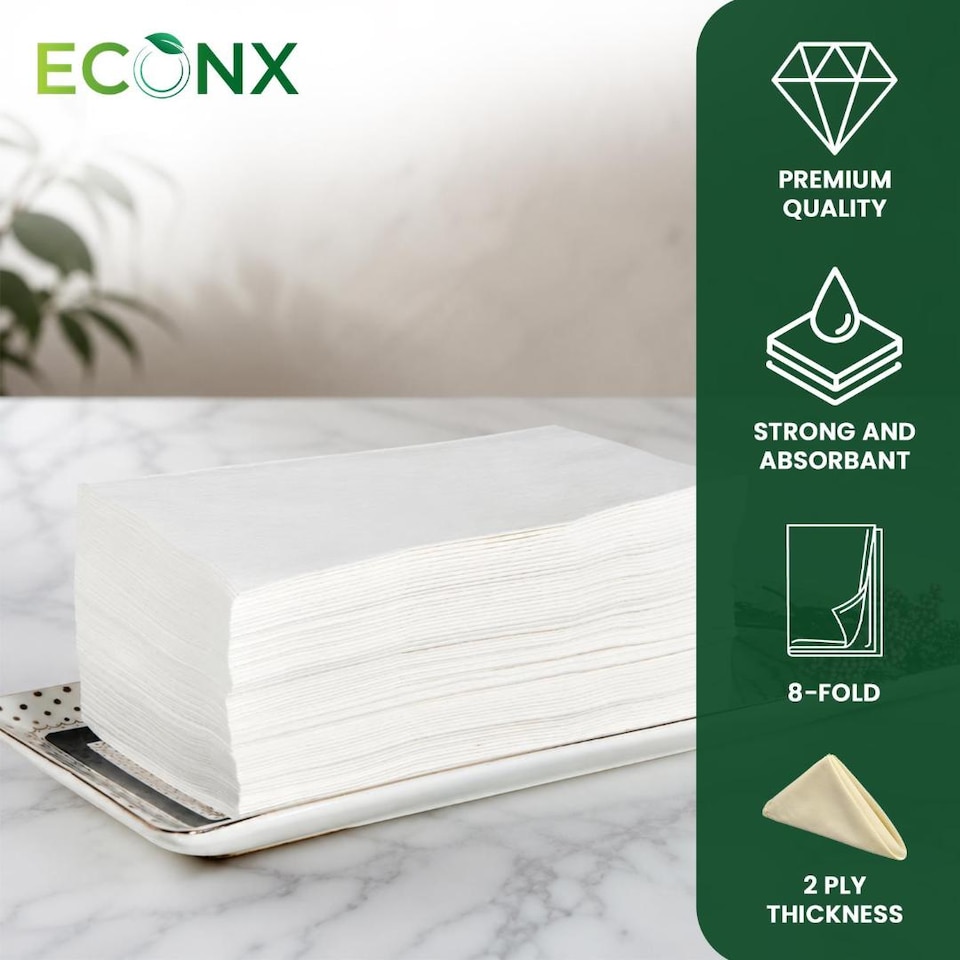 image 1 of ECONX White Paper Napkins 40cm 2 Ply Strong Paper Napkins Tissue Serviettes Cocktail Napkins Pack of 2000