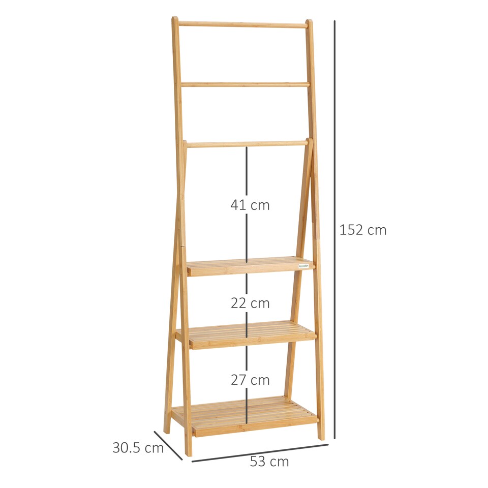image 1 of kleankin Freestanding Natural Bamboo Towel Rack with 3 Towel Rails and 3 Storage Shelves, Space-Saving Foldable Towel Holder for Bathroom