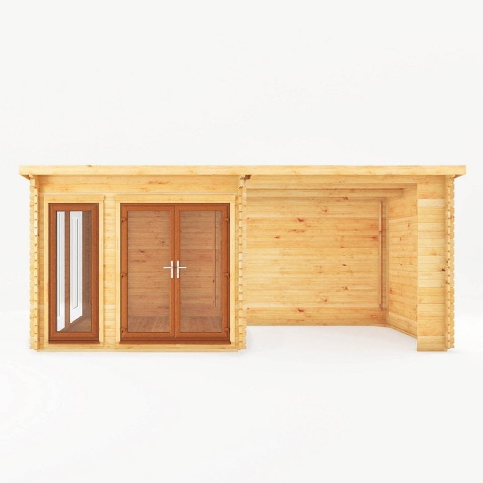 image 1 of 6 x 3 m Studio Pent Log Cabin with Patio Area with Oak UPVC Windows and Doors - 44 mm Timber - L333.5 x W591.1 x H249.4 cm - Brown Brown