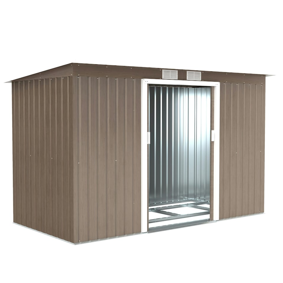 image 1 of Outsunny 9 x 4FT Metal Garden Storage Shed w/ 2 Door, Light Grey Wood Grain Grey