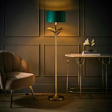 ValueLights Christina Green Velvet with Gold Inner Drum Shade Gold Palm Leaf Floor Lamp Gold
