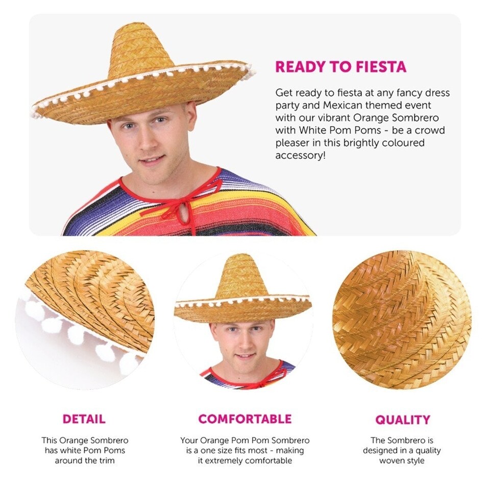 image 1 of Orange Mexican Sombrero – Fancy Dress Hat with Pom-Pom Trim Yellow | One Size