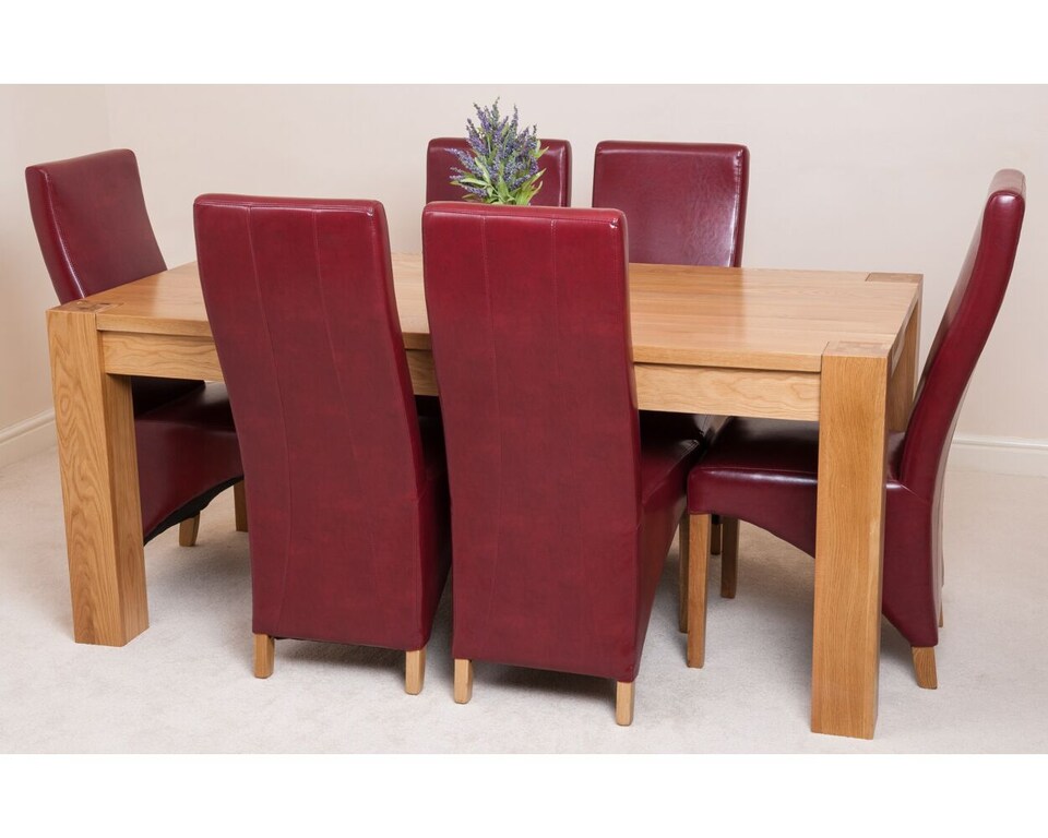image 1 of Kuba 180 x 90 cm Chunky Oak Dining Table and 6 Lola Leather Chairs | Red | Red | 1