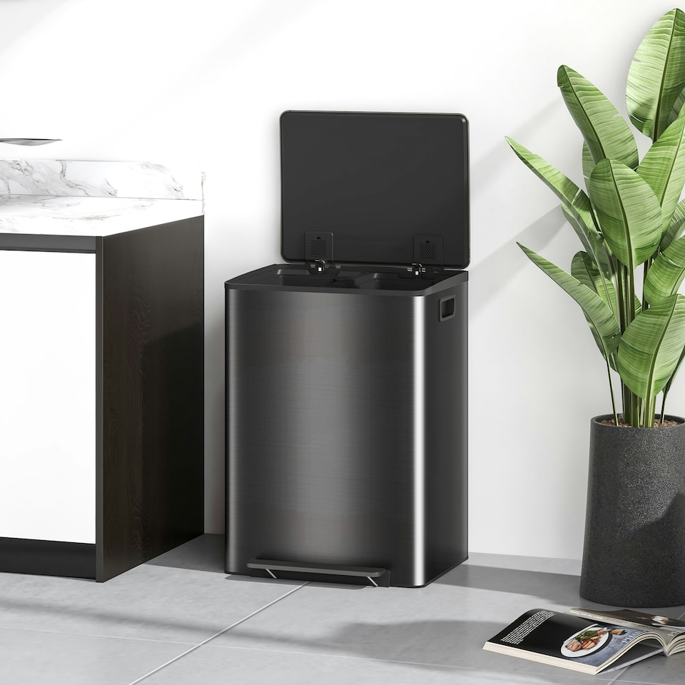 image 1 of HOMCOM 2 x 30L Double Kitchen Bin, Pedal Bin with Soft-Close Lid, Black Black