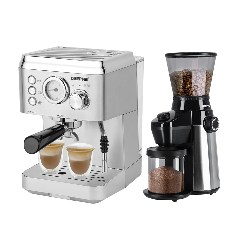 image 1 of GEEPAS 1140W Espresso & Cappuccino Coffee Machine & Conical Burr Coffee Grinder Combo Set