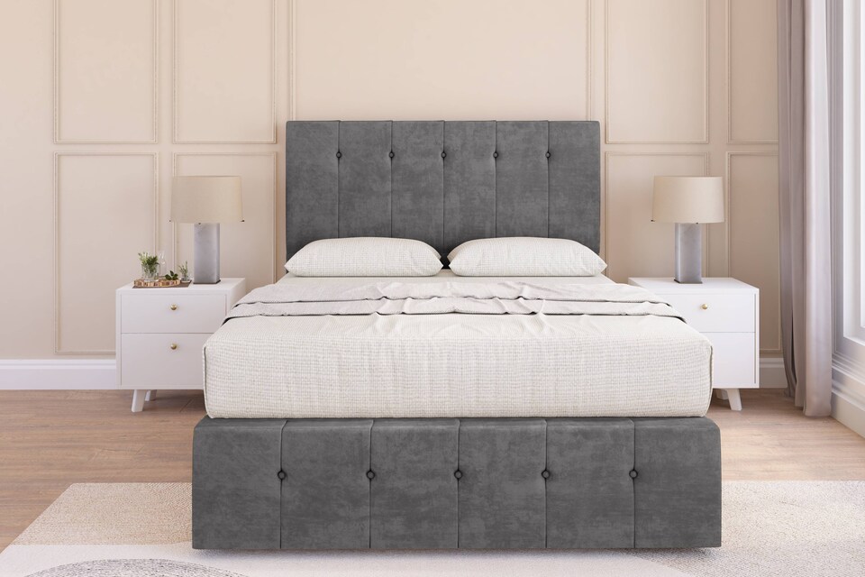 image 1 of Sloomy Cambridge Steel Plush Divan Bed Base 2 Drawers Foot-End With 54 Inch Floor Standing Headboard & 12 Inch Matching Footboard | Grey | Steel | Super King | 1