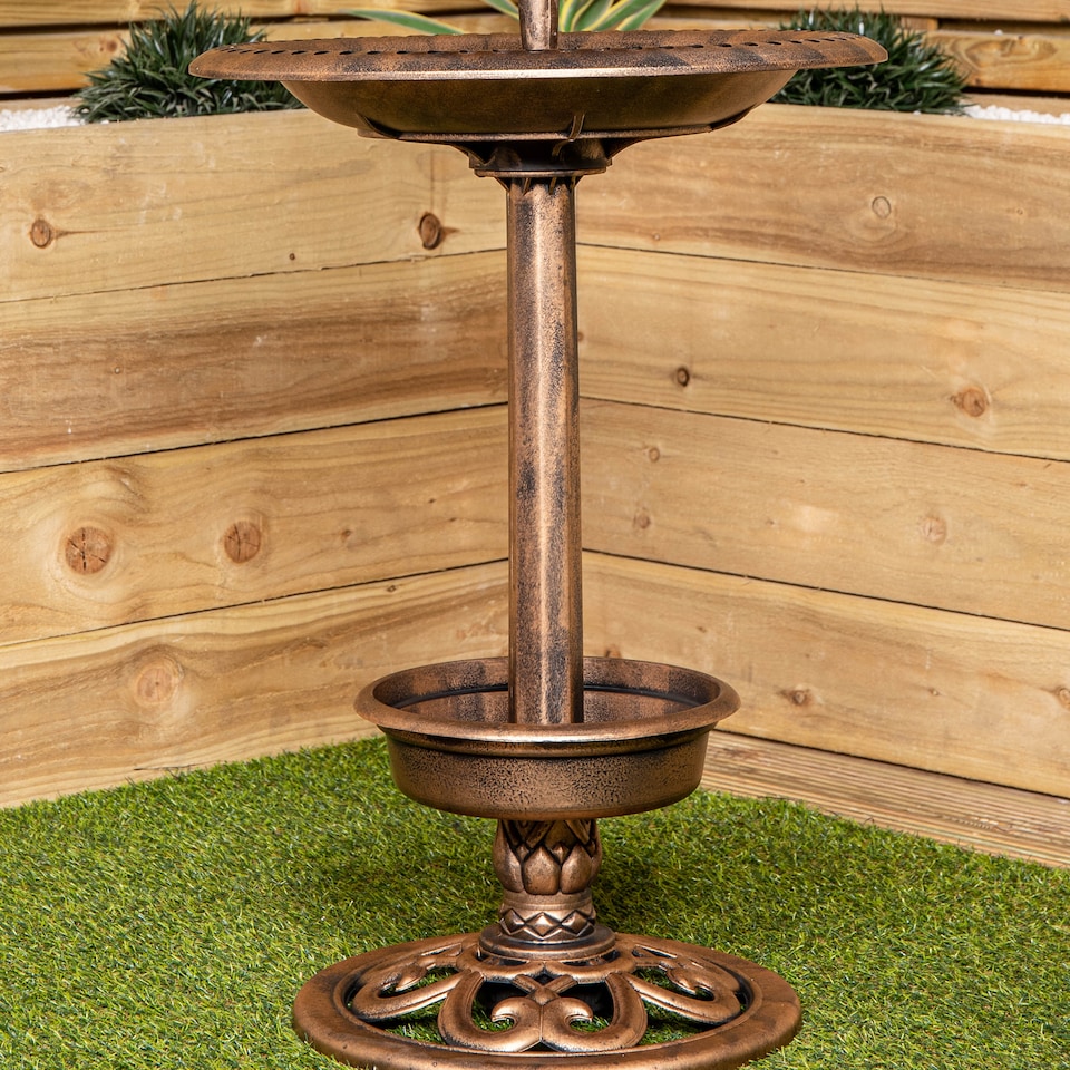 image 1 of 1.1m Bronze Effect Resin Garden Bird Bath & Table with Solar Light | Bronze | Bronze