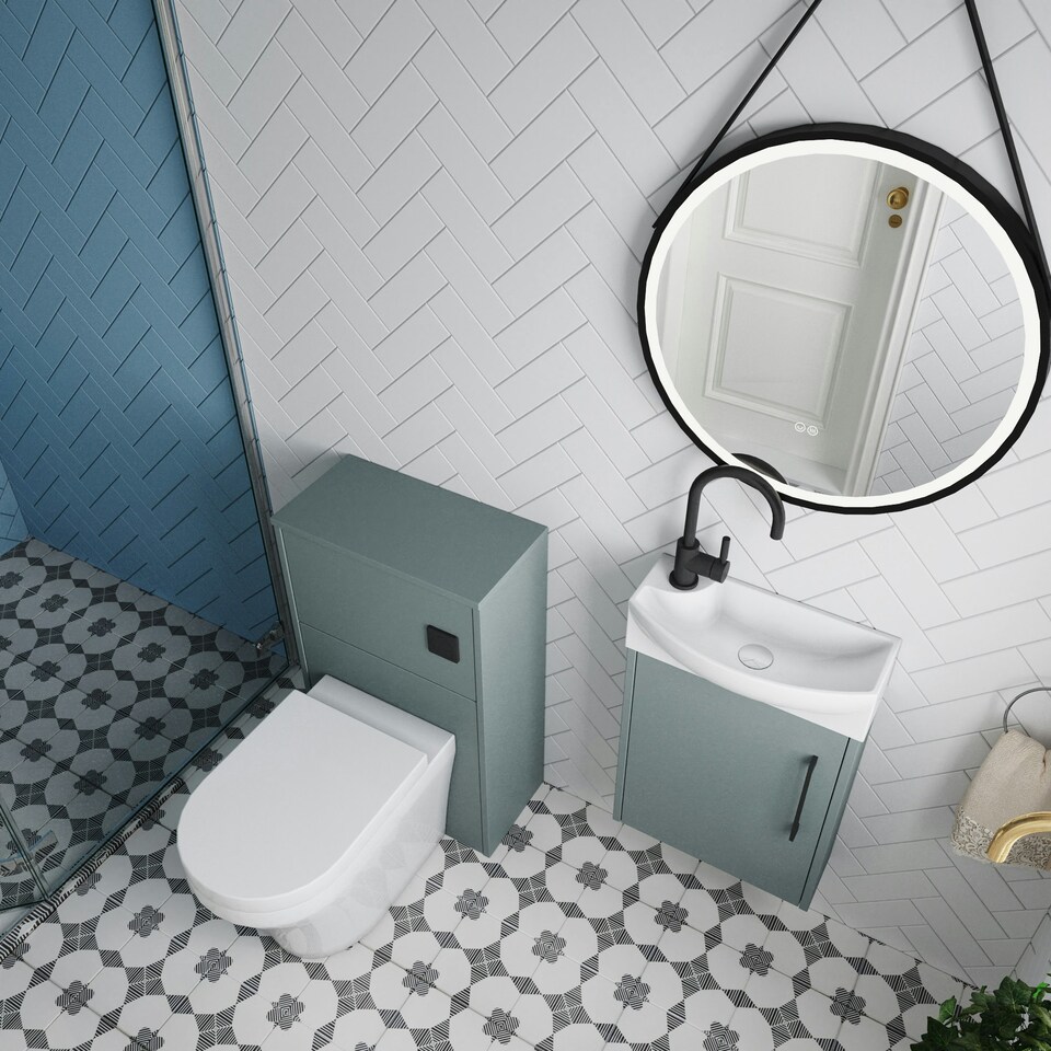 image 1 of Power Cloakroom Bundle - Right Wall Hung Vanity Unit, Concealed Cistern WC Unit, Toilet & Tap, 440mm - Grey/Black - Balterley Brown