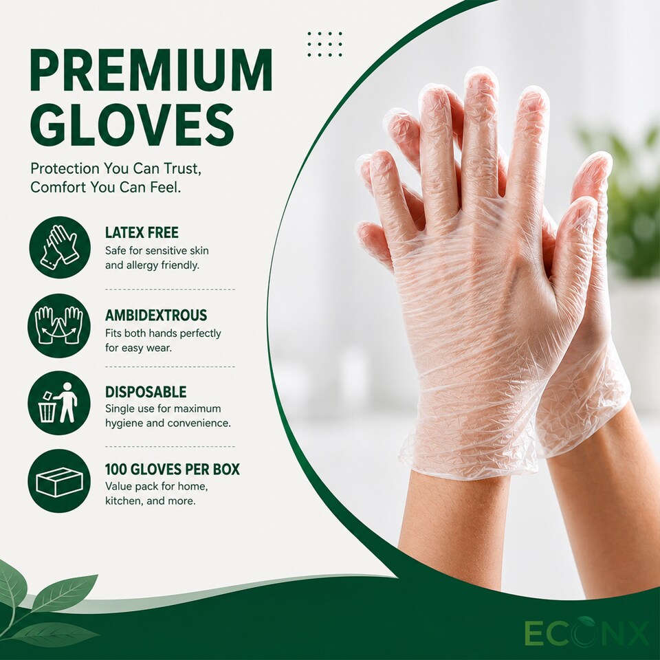 image 1 of ECONX Clear Vinyl Gloves Latex Free And Powder Free Food Safe For Catering Multi-Purpose General Use Medium Size x 500pk