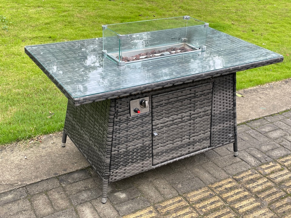 image 1 of Fimous Dark Mixed Grey Rattan Outdoor Garden Furniture Gas Fire Pit Table Gas Heater Sets Lounge Sofa Reclining Adjustable Chairs 5 Seater