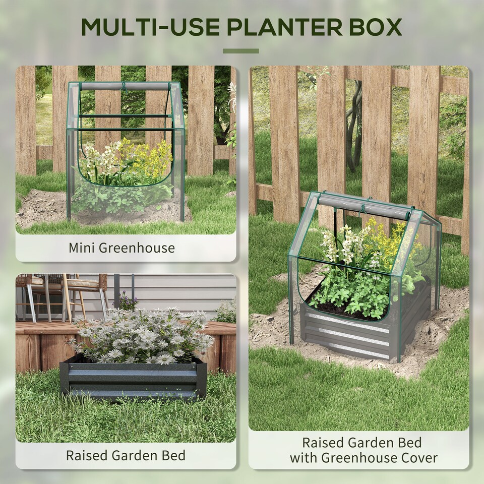 image 1 of Outsunny Raised Garden Bed Planter Box with Greenhouse, Clear and Dark Grey