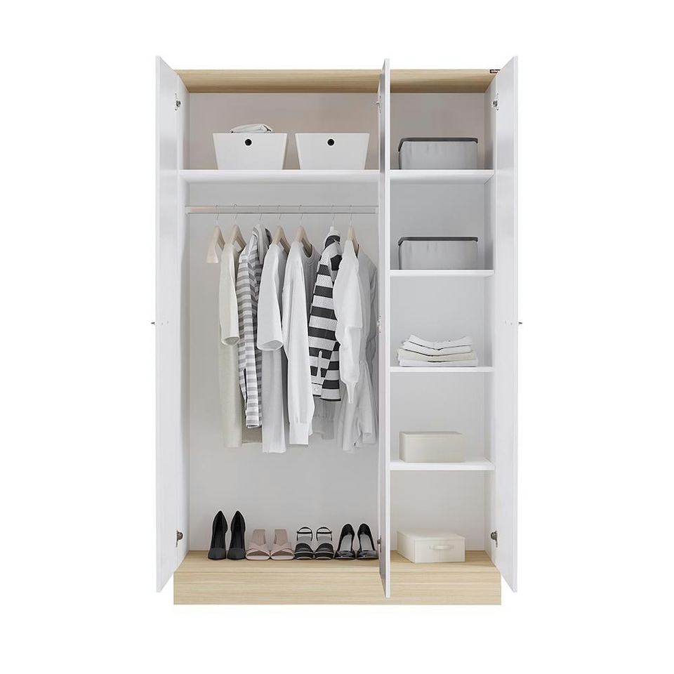 image 1 of Adore Teen White & Oak 3 Door Wardrobe with Shelves White