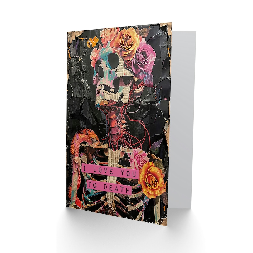 image 1 of Floral Gothic Memento Mori Skeleton Collage Partner Anniversary Card