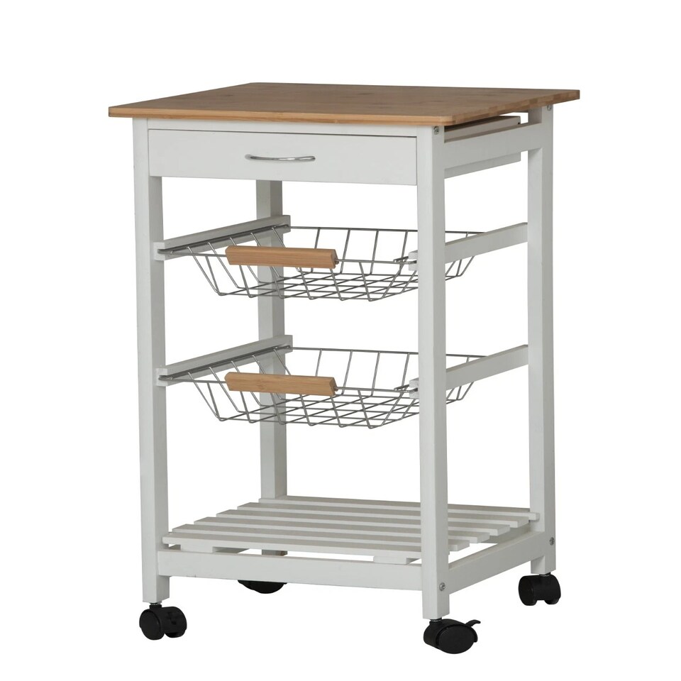 image 1 of 3 Tier Portable Oasis Bamboo Top MDF Kitchen Trolley Drawer Shelf Cart on Wheels | White | White