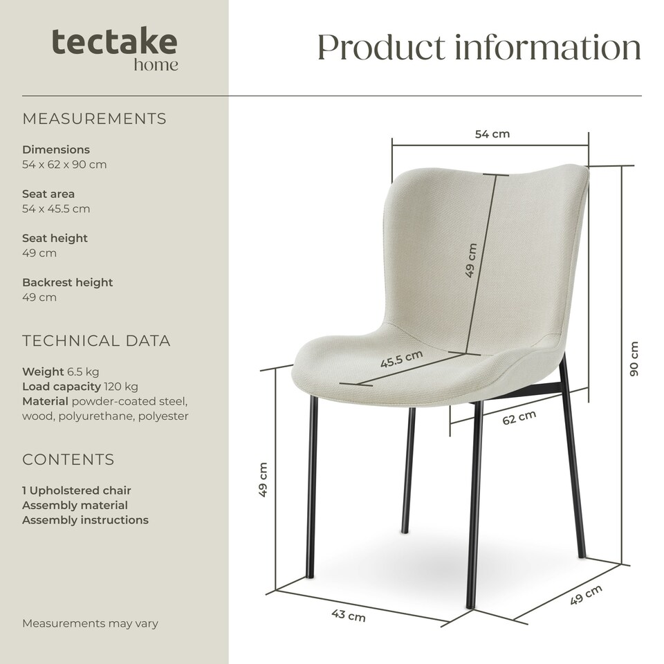 image 1 of Dining Chair Tessa - ergonomic high backrest, slim steel legs, soft fabric - per piece White | Woven Fabric Off-White/Black