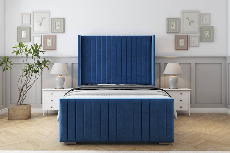 image 1 of Sloomy Marlborough Navy Plush Bed Frame With Mattress With 50"  Upholstered Wingback Headboard 6' Super King