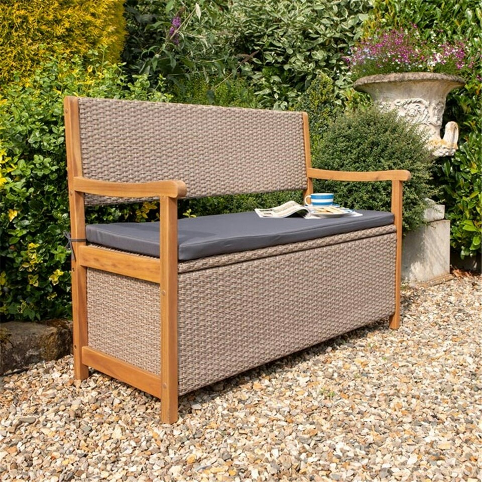 image 1 of 2 Seater Hardwood Timber Framed Rattan Weave Bench (4ft x 2ft)
