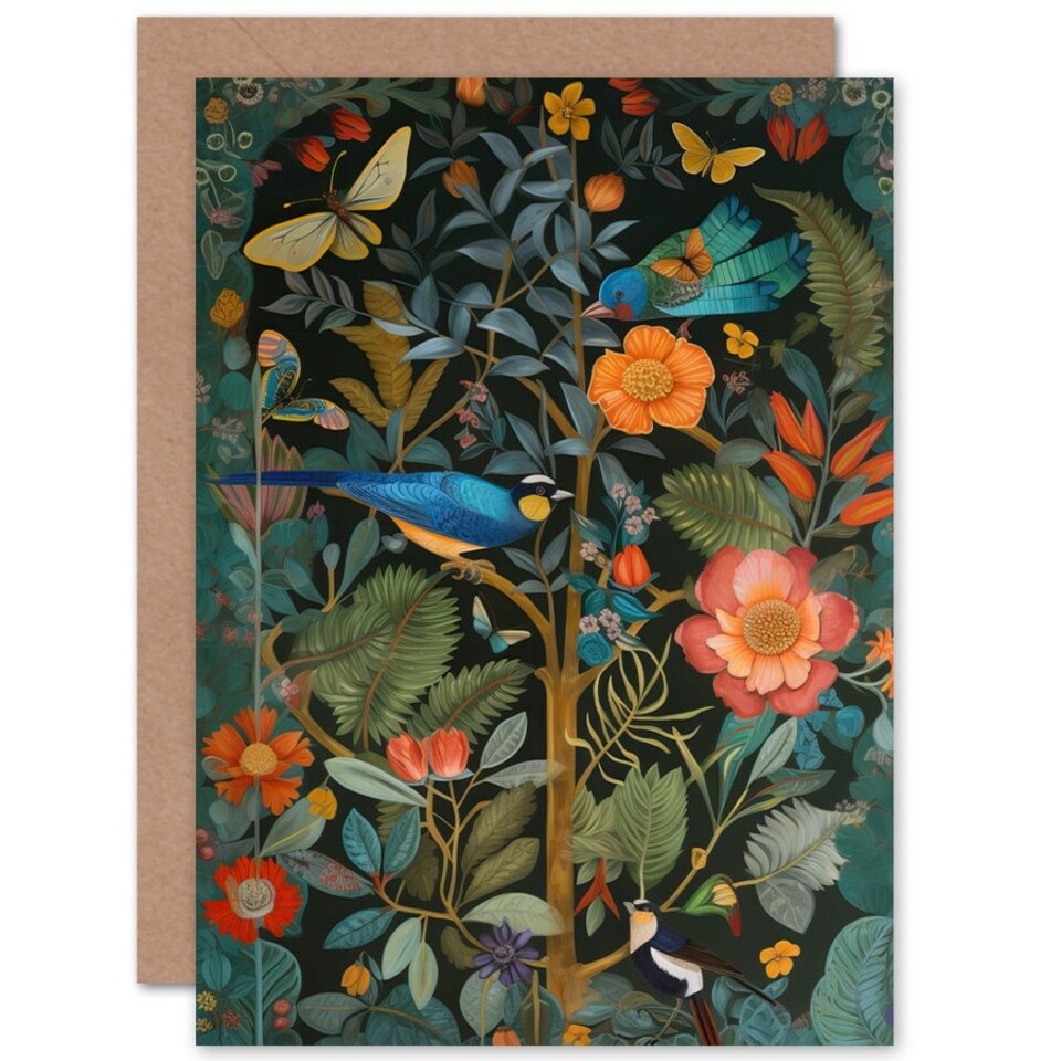 image 1 of Birds Butterfies Spring Flower Garden Art Nouveau Nature Greeting Card