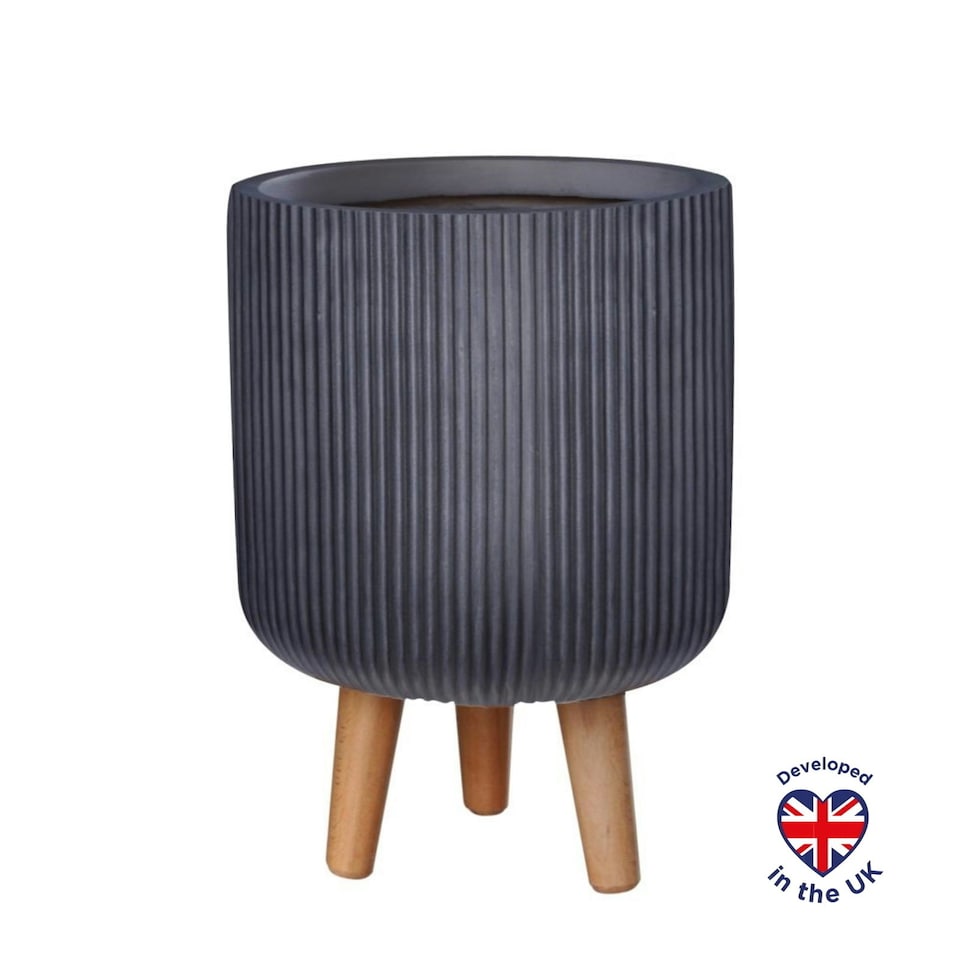 image 1 of Ribbed Black Cylinder Planter on Legs, Round Pot Plant Stand Indoor D25.5 H36 cm, 10.4 ltrs Cap.
