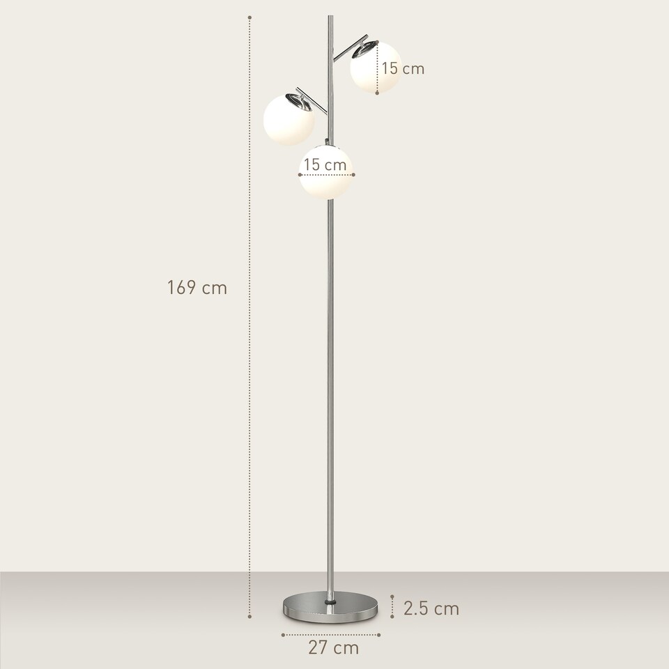 image 1 of HOMCOM 3-Light Tree Floor Lamps for Living Room, Modern Standing Lamp for Bedroom with Globe Lampshade, 3000K/4000K/6000K Colour Temperatures, Steel Base, Silver Tone | Silver