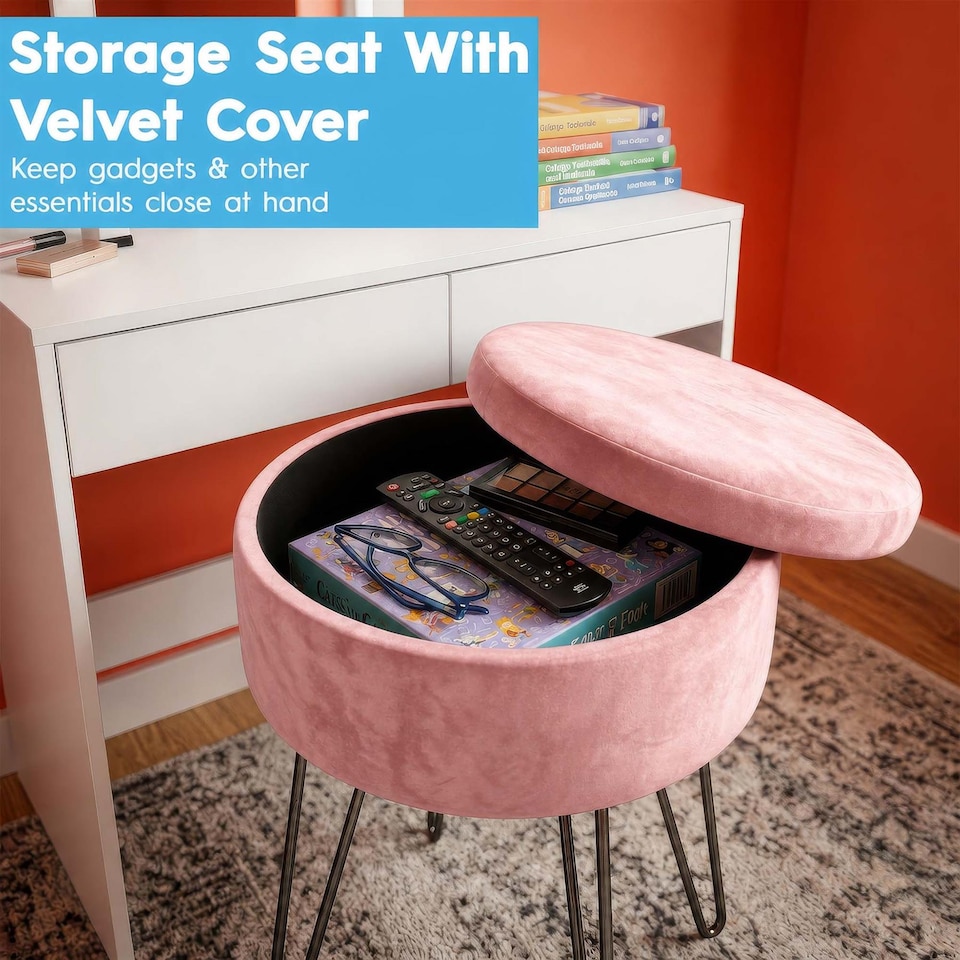 image 1 of Harbour Housewares Wooden Dressing Table Set with LED Lights & Pink Stool - White | White | White/Pink