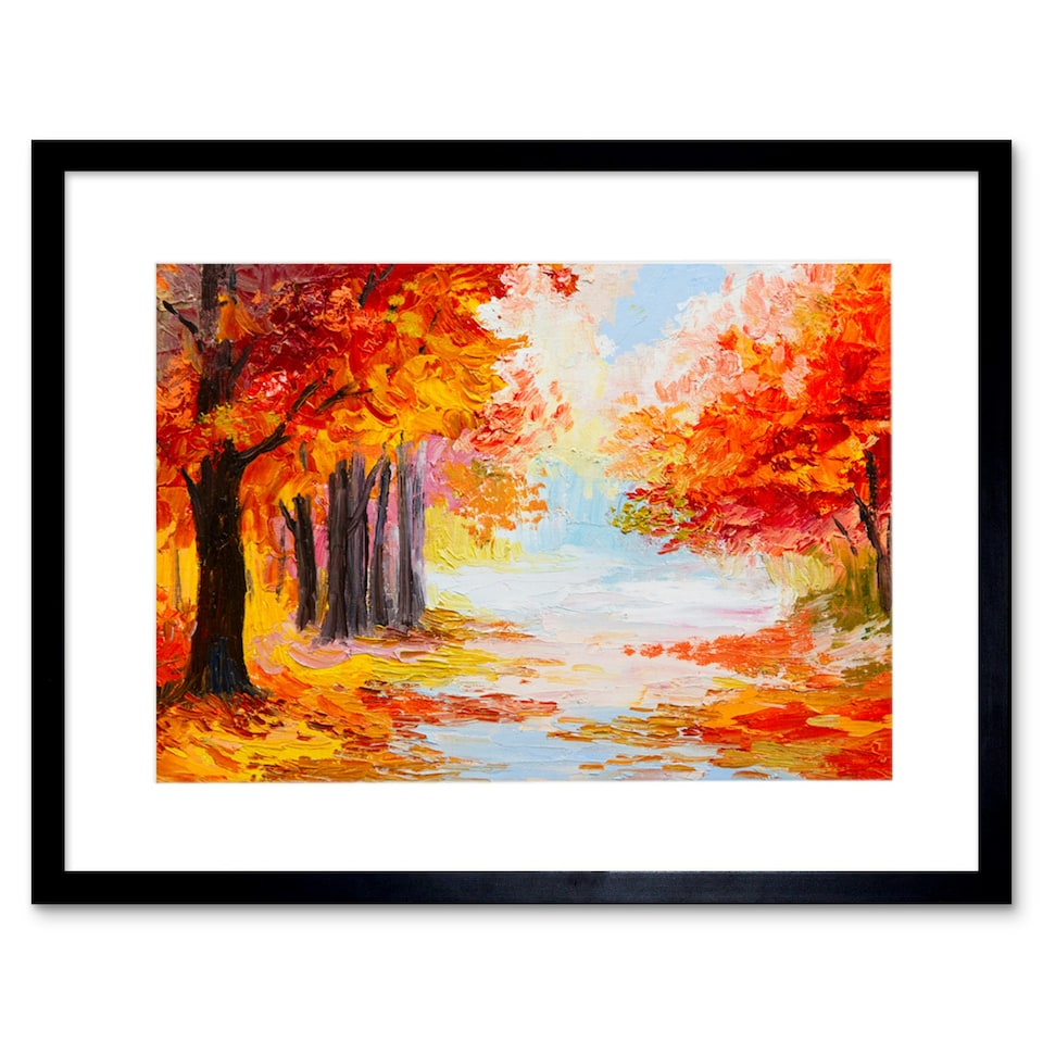 image 1 of Autumn Trees Forest Landscape Bright Painting 9x7" Black Framed Wall Art Print