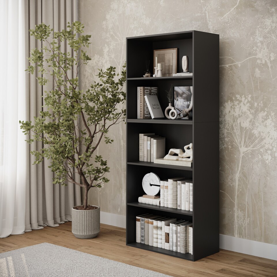 image 1 of Wide 5-Tier Bookcase | Black | 1