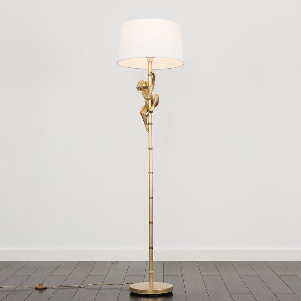 image 1 of ValueLights George Monkey Gold Floor Lamp White Taper Shade & Bulb | White