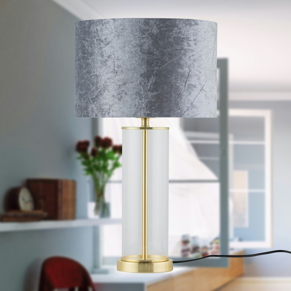 image 1 of Set of 2 Aura - Satin Brass Lamps with Grey Crushed Velvet Shades Bronze | Grey