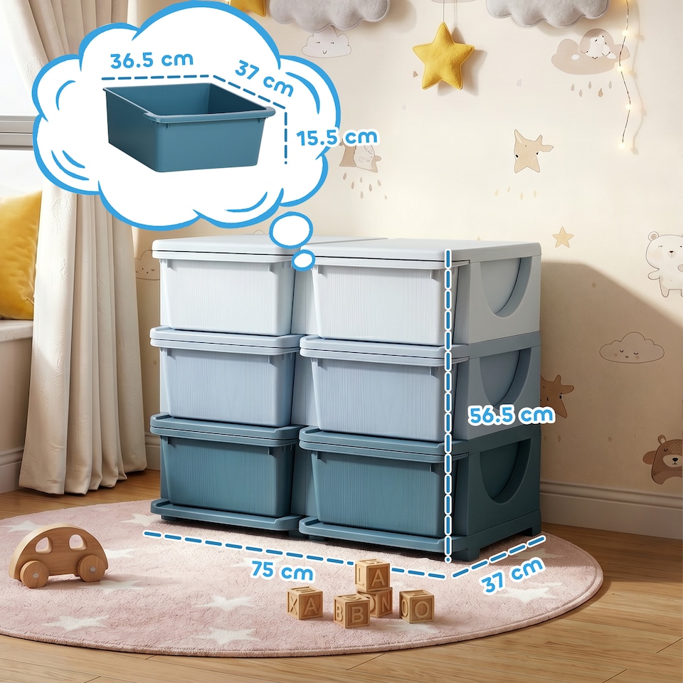 image 1 of HOMCOM Kids Storage Units with Drawers 3 Tier Chest Dresser Tower Blue
