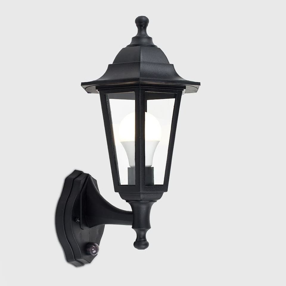 image 1 of ValueLights Black Outdoor Security PIR Motion Sensor IP44 Rated Wall Light Lantern - Complete with 1 x 6w LED ES E27 Bulb | Black