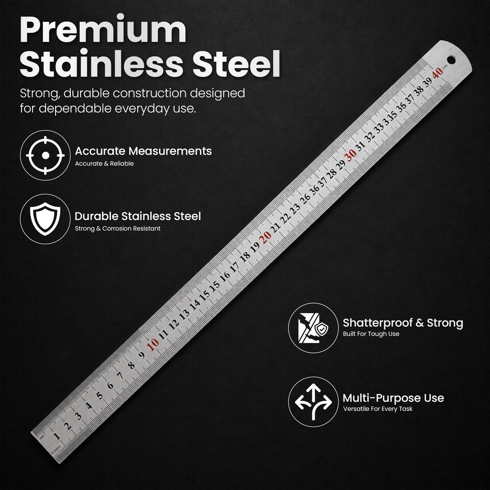 image 1 of Stainless Steel Ruler, 2-Side Measuring Steel Ruler CM & Inches - 40cm