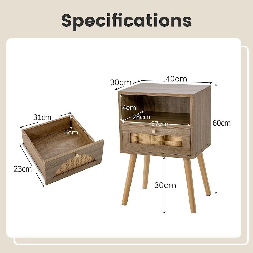 image 1 of COSTWAY 2 Pcs Rattan Nightstand Compact Bedside Table Brown