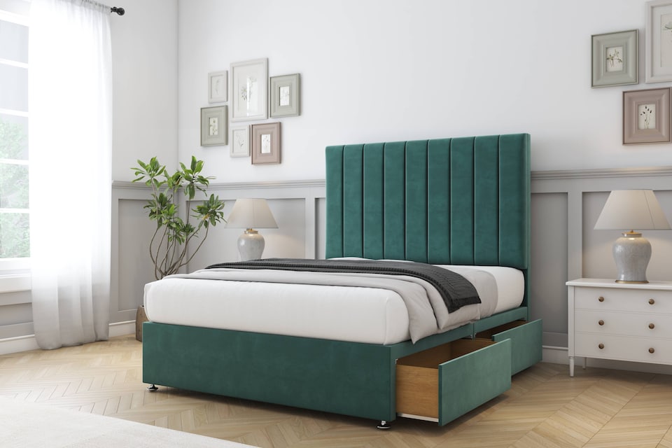 image 1 of Sloomy Kansas Emerald Plush Divan Bed With Mattress No Drawers With 54" Floor Standing Headboard 3' Single | Green | Emerald | Single | 1
