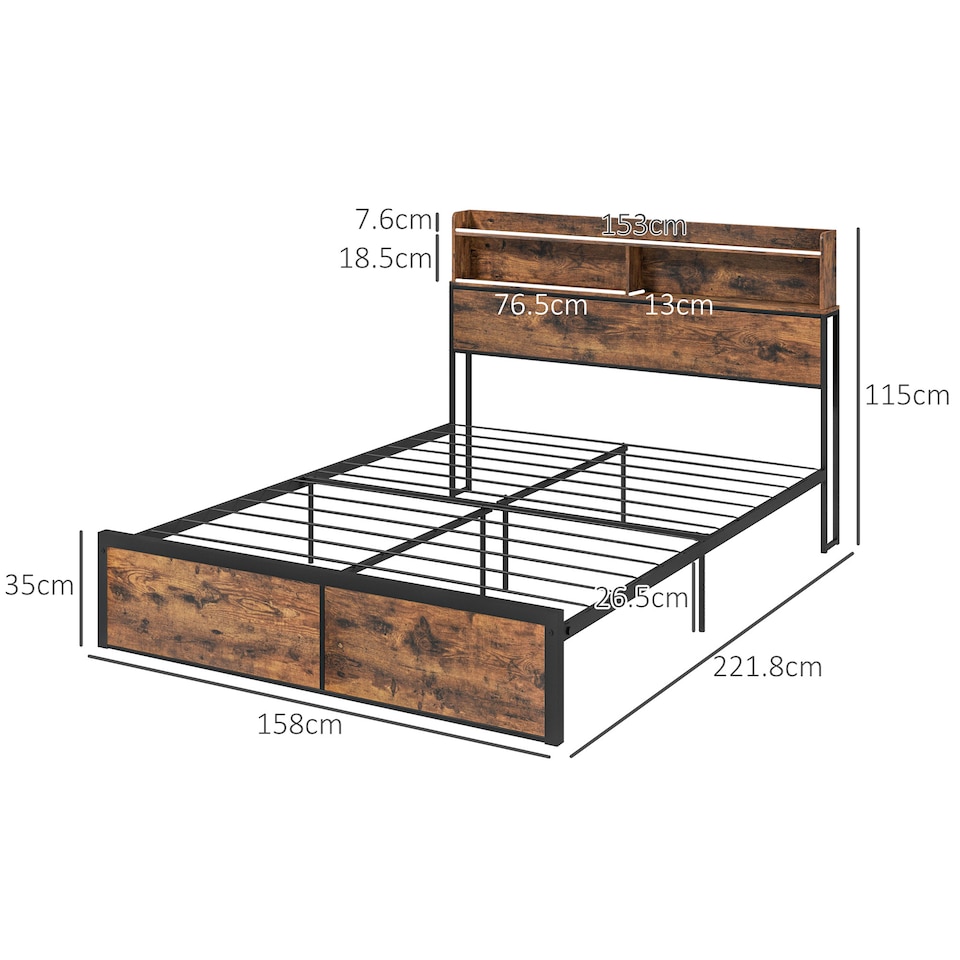 image 1 of HOMCOM Industrial King Bed Frame, 5.2FT Steel Bed Base with Storage Headboard, Footboard, Slatted Support and Under Bed Storage, 158 x 222cm, Rustic Brown