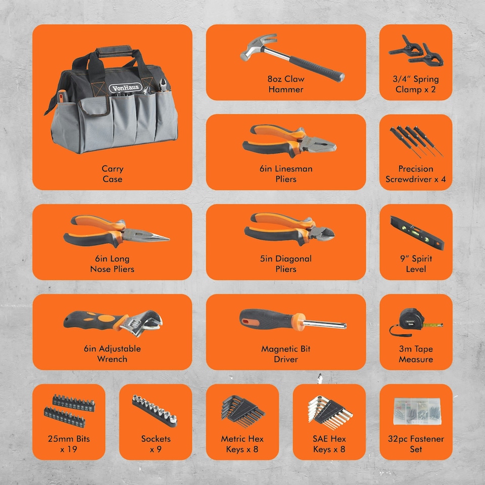 image 1 of VonHaus 92Pc Hand Tool Kit for Home DIY with Heavy Duty Bag