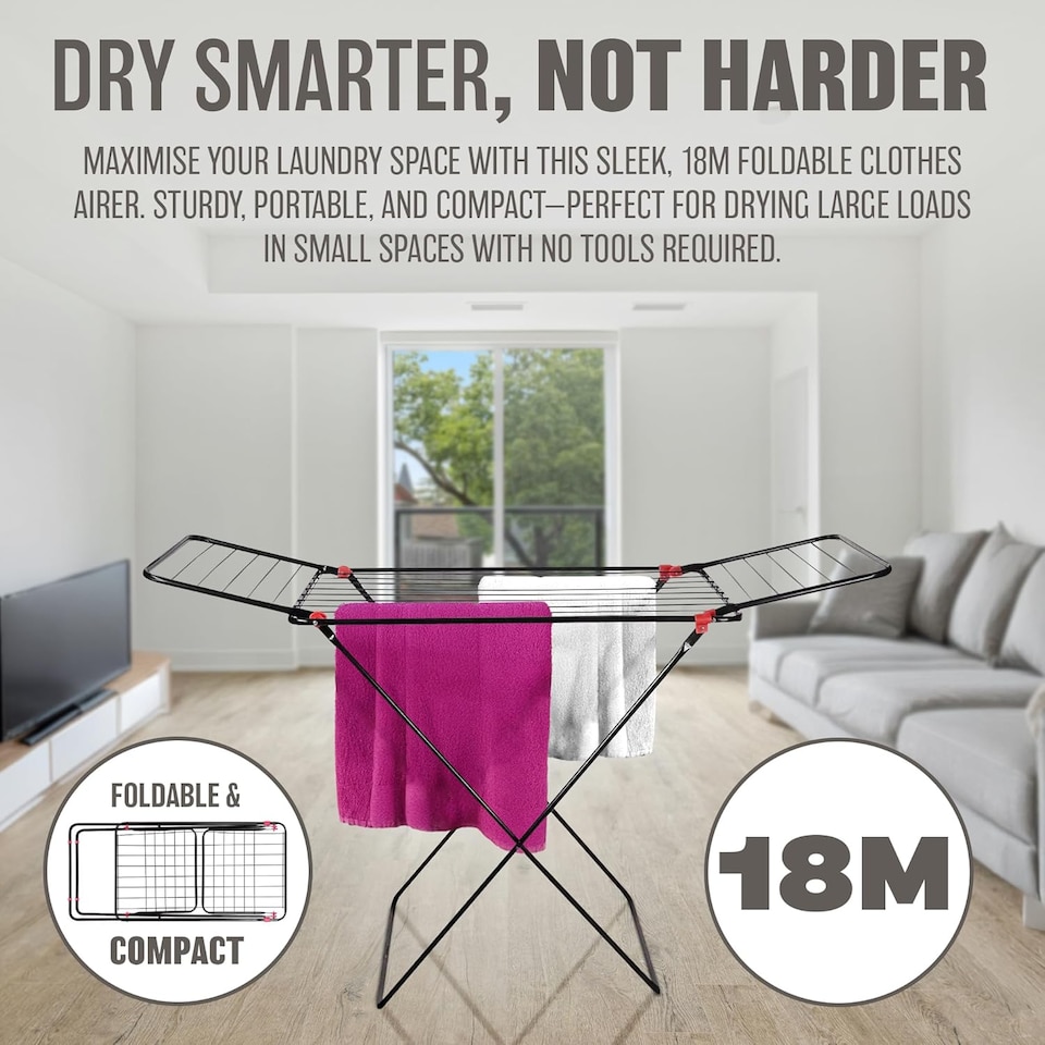 image 1 of 18m Cloth Dryer Rack Stand Towel Rail Airer Concertina Laundry Washing Winged