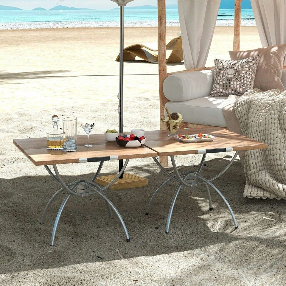 image 1 of COSTWAY 2 PCS Extendable Camping Table Foldable Picnic Table Brown