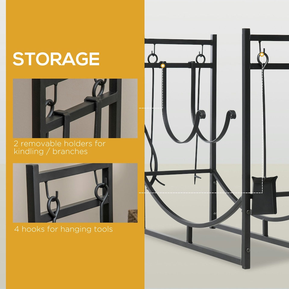 image 1 of Outsunny Firewood Stand Log Rack Holder 84cm with 4-PC Fireplace Tools Set Black