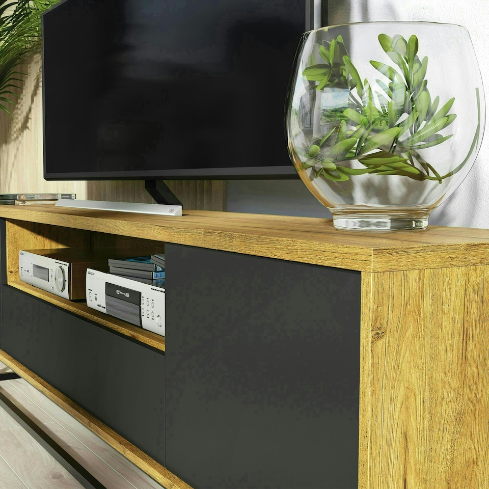 image 1 of TV Unit 200cm Oak Body with Black Doors and Drawer on Metal Base | Multi | Oak | One Size | 1